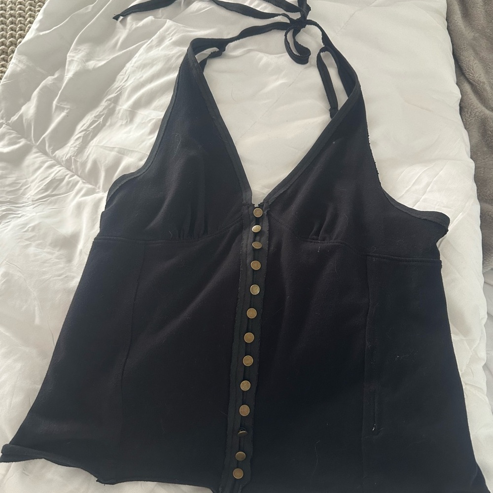 Black Halter Top with Button Detail